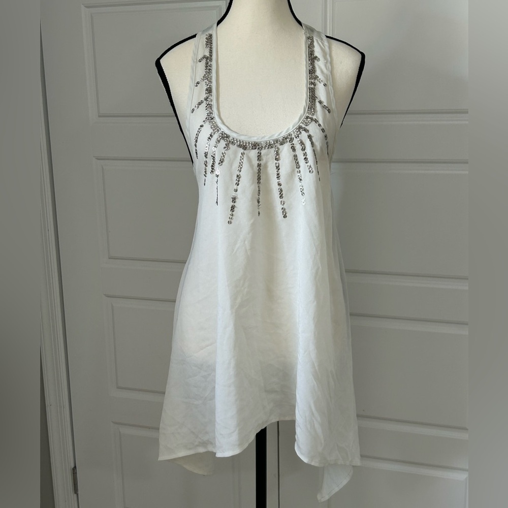 Double Zero Asymmetrical Flowing White Sleeveless Blouse with Silver Sequins
